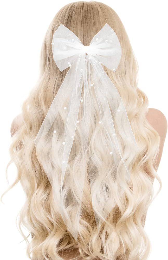 Bridal Pearl Hair Bow Veil Bridesmaid Large Hair Bow Wedding Veil with Barrette Bachelorette Part... | Amazon (US)