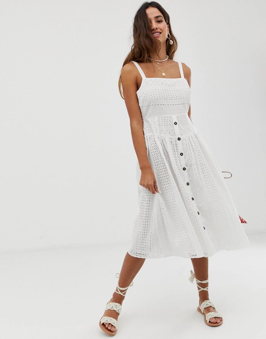 ASOS DESIGN broderie midi sundress with button front in white | ASOS (Global)