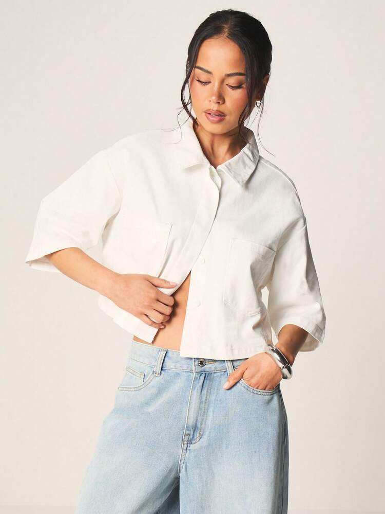 MISSGUIDED Oversized Button Front Denim Jacket With Classic Collar And Chest Pocket For Casual Spring Summer Layering | SHEIN