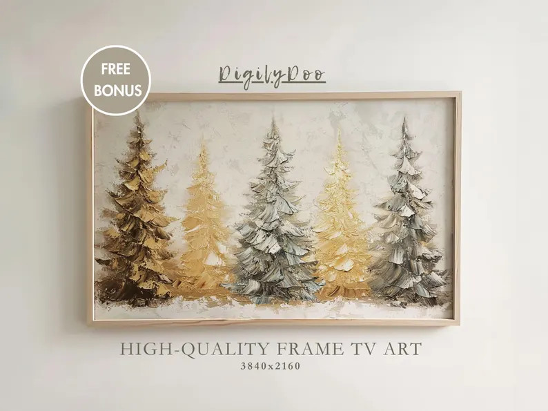 Christmas Frame TV Art, Winter Pine Trees Painting, Rustic Holiday Tv Decor, Primitive Xmas Samsu... | Etsy (US)
