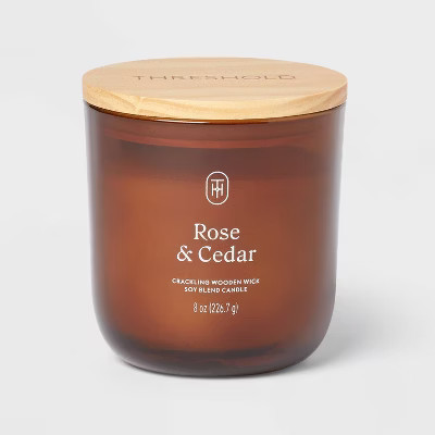Amber Glass Wooden Wick Rose and Cedar Jar Candle 8oz - Threshold™ | Target