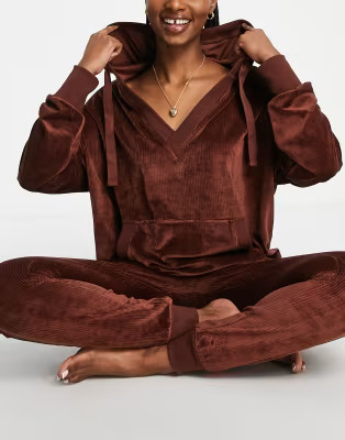 ASOS DESIGN lounge velour open neck sweat & legging set in chocolate | ASOS (Global)