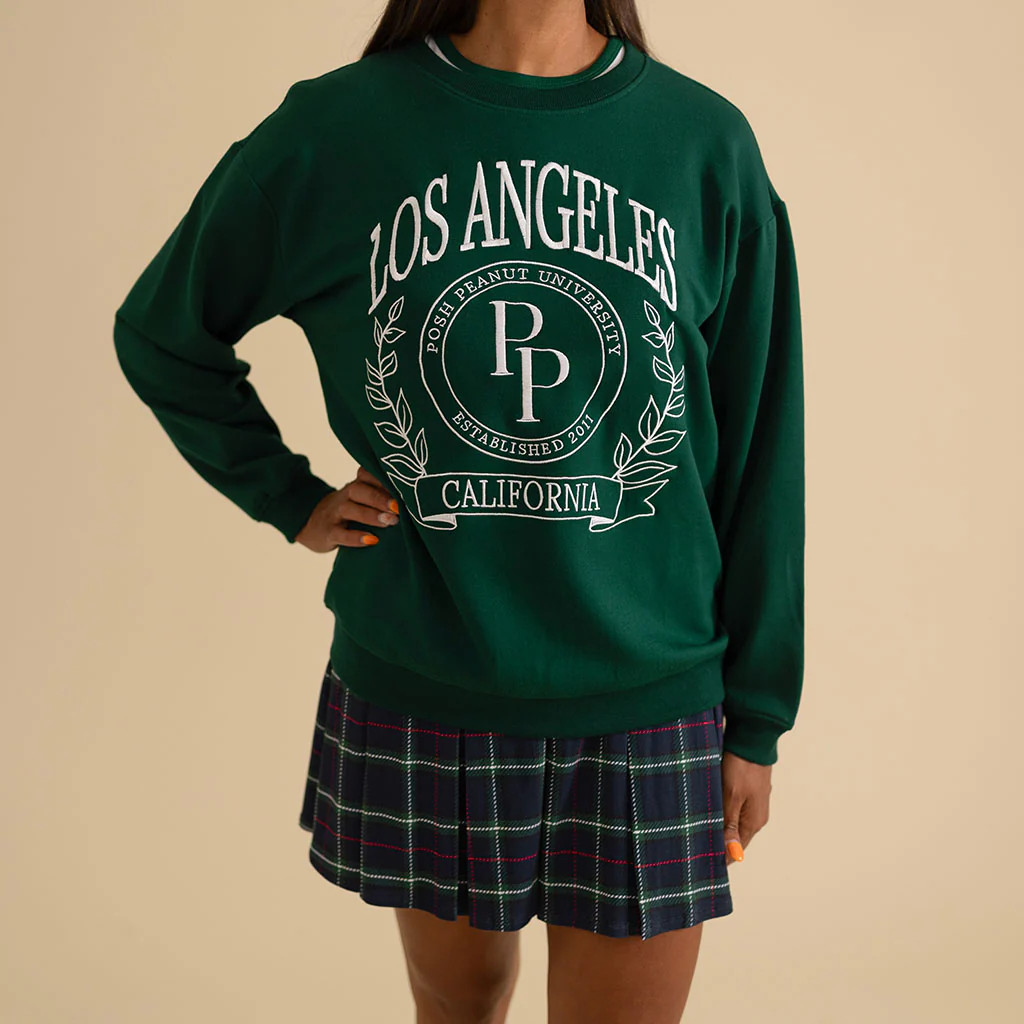 Collegiate Green Long Sleeve Varsity Green Women's Fleece Sweatshirt | Posh Peanut® | Posh Peanut