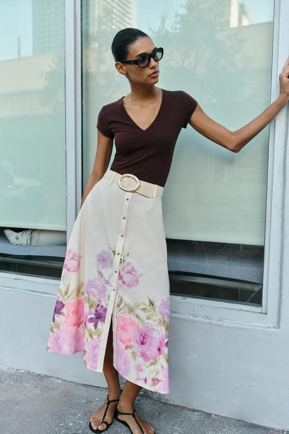 FLORAL PRINT BELTED MIDI SKIRT | Zara US