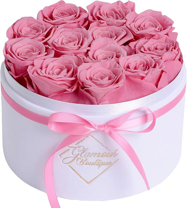 GLAMOUR BOUTIQUE Flower Forever Gift Box, 12 Real Preserved Roses in Round Velvet White Box, Hand... | Amazon (US)