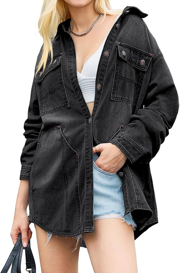 PLNOTME Womens Denim Shackets Oversized Casual Trendy Long Sleeve Button Down Jean Jackets with P... | Amazon (US)