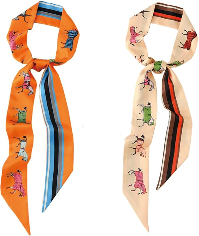 2 Pack Silk Purse Scarf For Handbags Head Hair Ribbon Fashion Skinny Scarf For Women Long Neckerc... | Amazon (US)