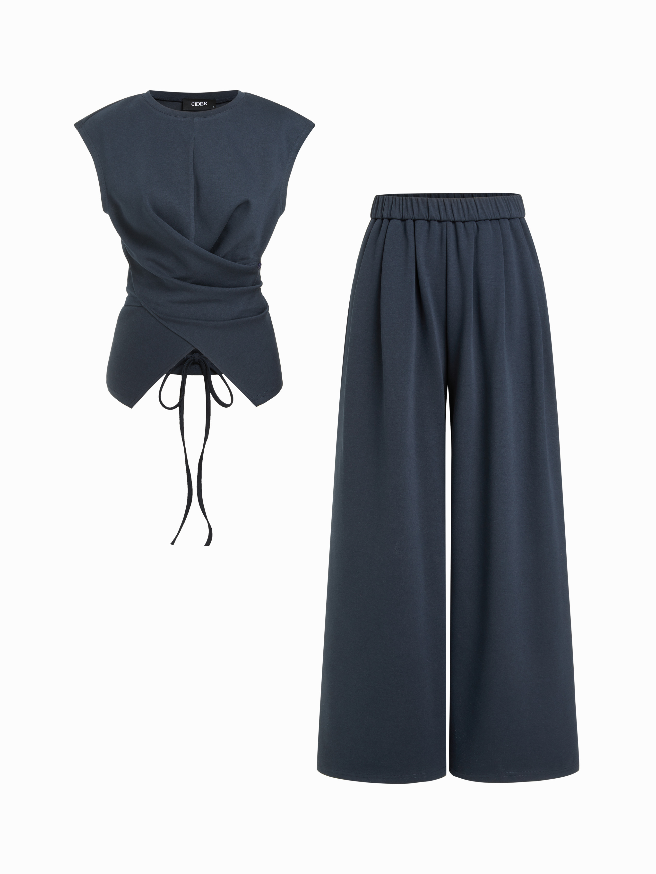 Knit Fabric Cotton-blend Round Neck Twist Top & Mid Rise Wide Leg Trousers Set For Daily Casual W... | Cider