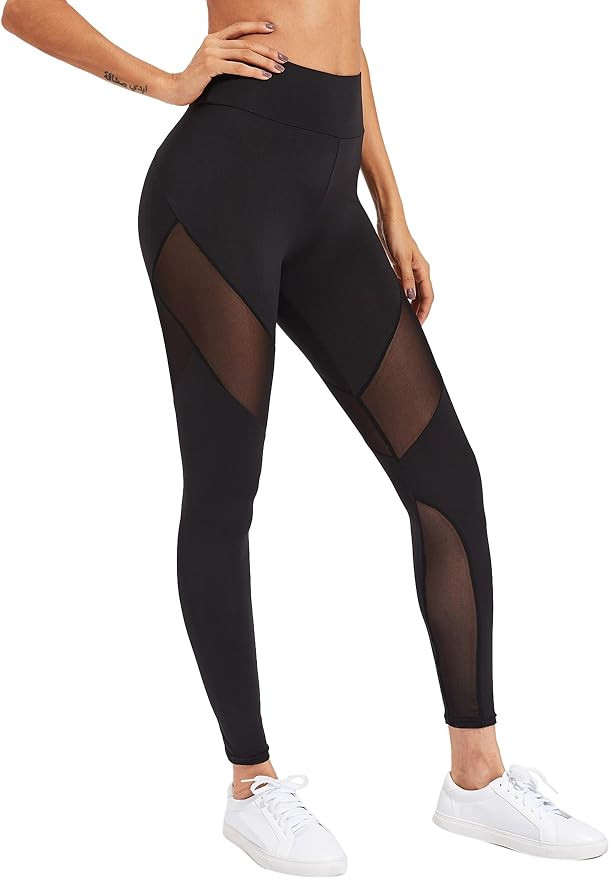 SweatyRocks Women's Stretchy Skinny Sheer Mesh Insert Workout Leggings Yoga Tights | Amazon (US)