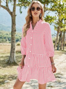 Gingham Notch Neck Ruffle Hem Dress SKU: sw2202211234947143(1000+ Reviews)$16.49Make 4 payments o... | SHEIN