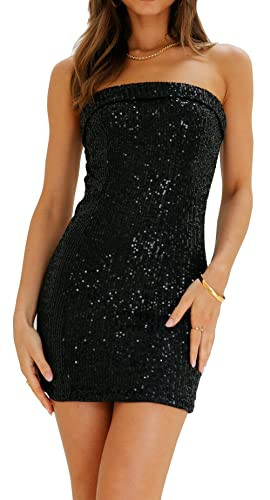 Cantonwalker Womens Satin Strapless Side Slit Stretch Bodycon Party Mini Dresses | Amazon (US)