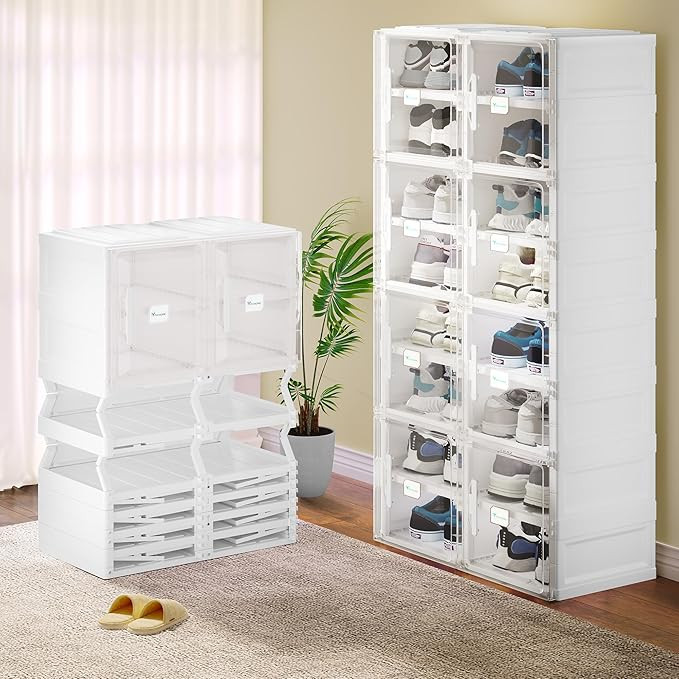 YITAHOME Shoe Storage Organizer, Foldable Shoe Box with Doors, 16 Grid Stackable Transparent Shoe... | Amazon (US)