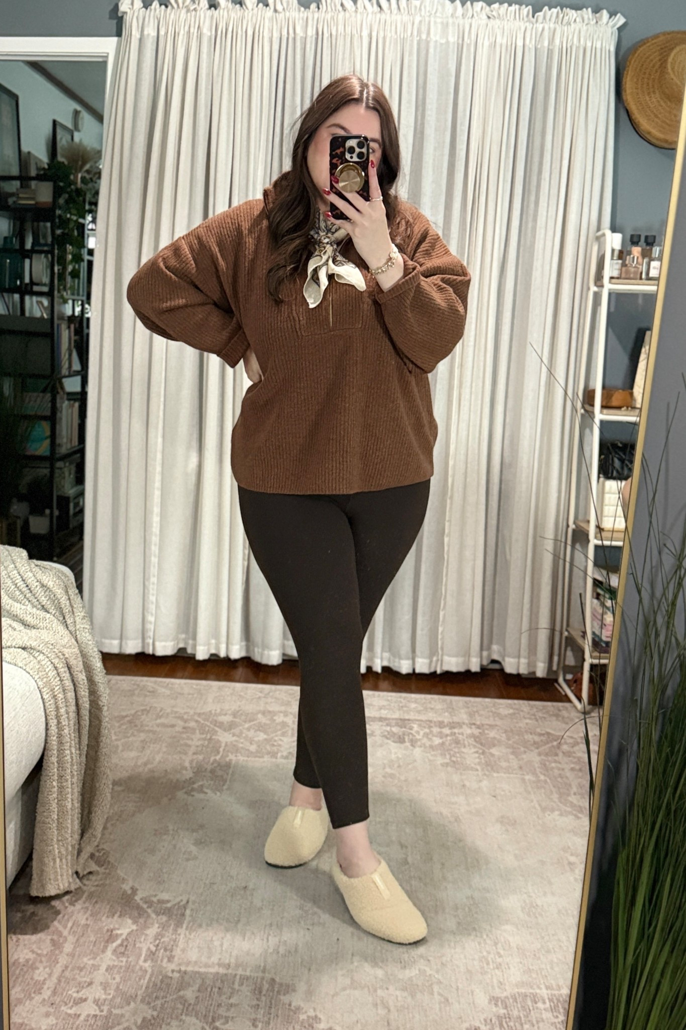 Nothing beats a tonal brown WFH outfit in the middle of the week. I paired a brown sweater half zip, matching leggings, and a white vintage tee for a layered, cozy look. The color palette feels intentional without trying too hard. Adding Kate Spade earrings and a gold + pearl bracelet makes it feel styled, not just lounge pieces thrown together.

#LTKMidsize #LTKootd #LTKWorkwear