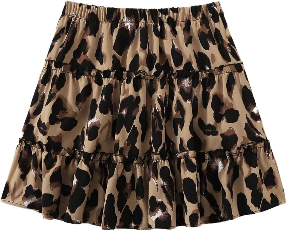 Women's Leopard Print Drawstring Waist Layer Ruffle Hem Short Skirt | Amazon (US)