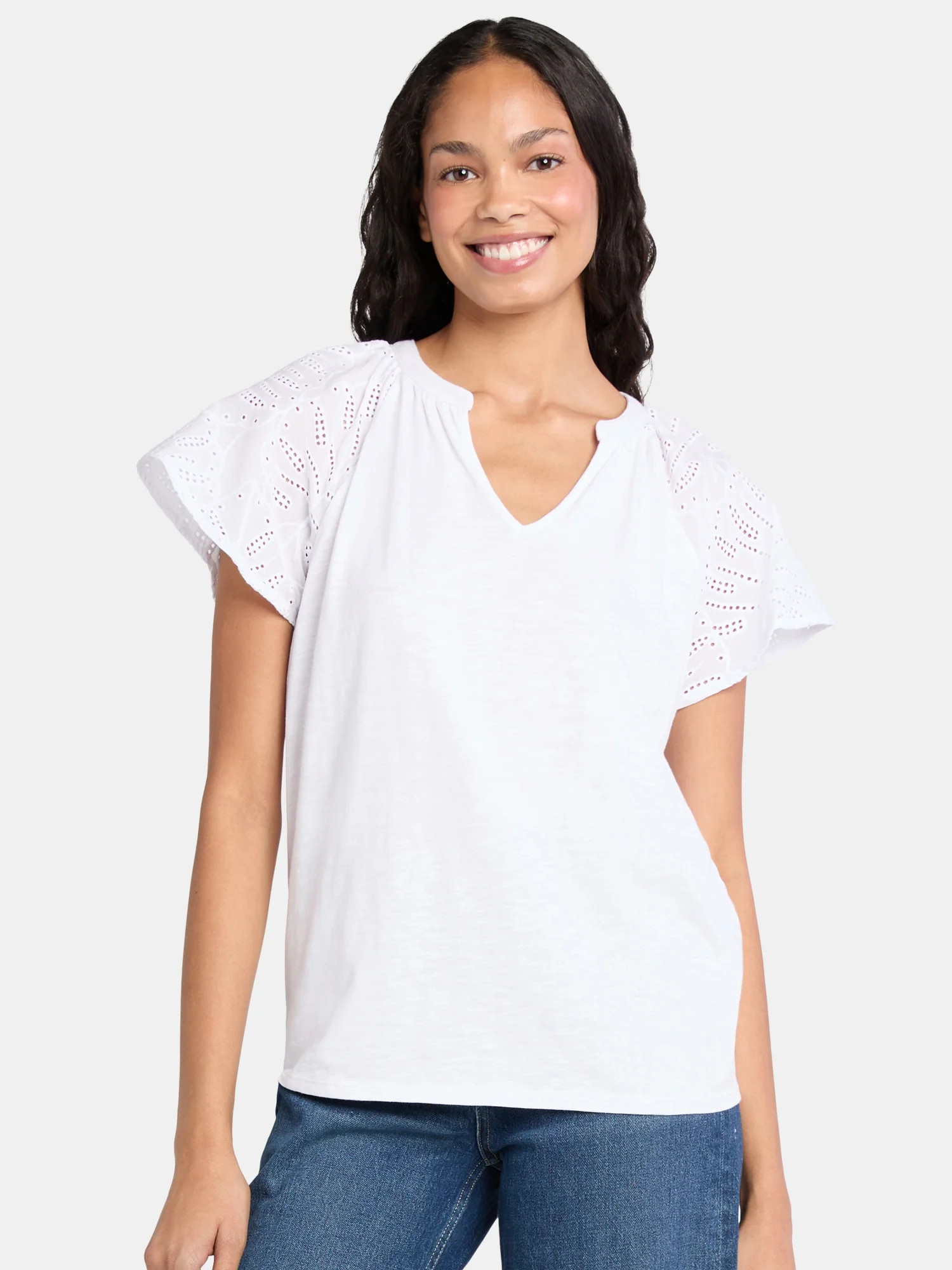 Time Tru Women's Mixed Media Cotton Top with Eyelet Flutter Sleeves, Sizes XS-XXXL | Walmart (US)
