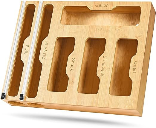 INHOTBY Foil and Plastic Wrap Organizer, Bamboo Ziplock Bag ,6 in 1 Aluminum Dispenser with Cutte... | Amazon (US)