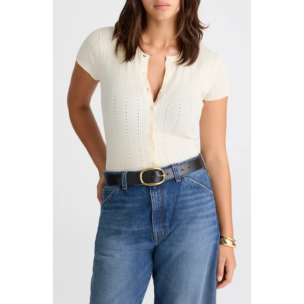 Madewell Short Sleeve Pointelle Cotton Blend Cardigan in Ivory at Nordstrom, Size Small | Nordstrom