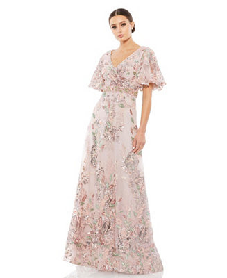 Mac Duggal Women's Floral Embellished Short-Sleeve Faux Wrap Gown - Macy's | Macy's
