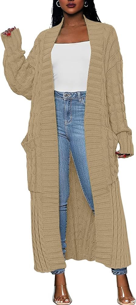 Caracilia Womens Long Cardigan Sweater Open Front Long Sleeve Chunky Cable Knit Duster Outerwear ... | Amazon (US)