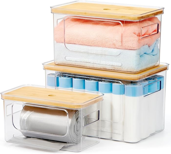 Trash Bag Holder 3-Pack,Trash Bag Dispenser with Bamboo Lid, Stackable Acrylic Garbage Bag Dispen... | Amazon (US)