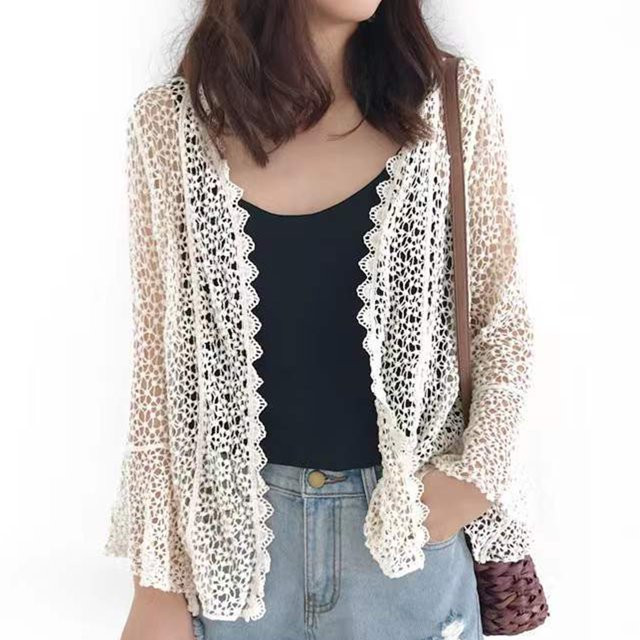Women Flare Long Sleeve Shrug Cardigan Hollow Out Crochet Knitted Open Front Sheer Lace Cover Up ... | Walmart (US)