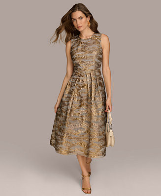 Women's Sleeveless Pleated Brocade Organza Midi Dress | Macy's