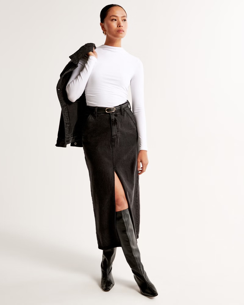 Long-Sleeve Cotton-Blend Seamless Fabric Mockneck Top | Abercrombie & Fitch (US)