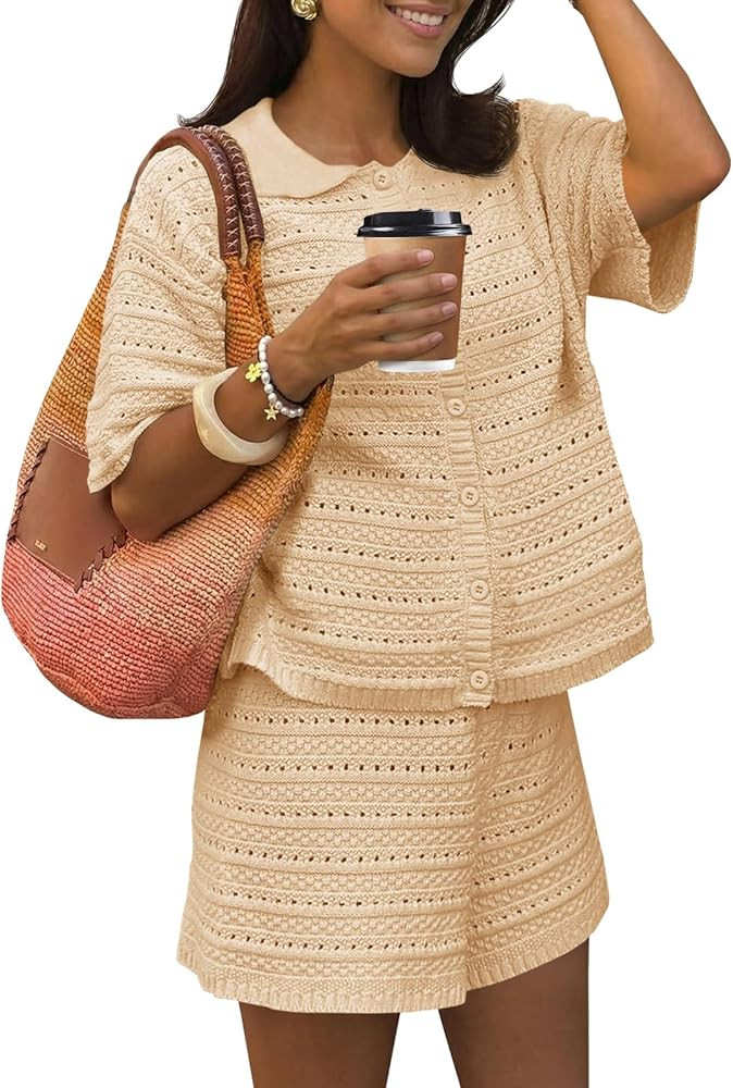 Fisoew Womens Summer 2 Piece Crochet Beach Outfit Cover Ups Button Cardigan Loose Knit Shorts Set... | Amazon (US)