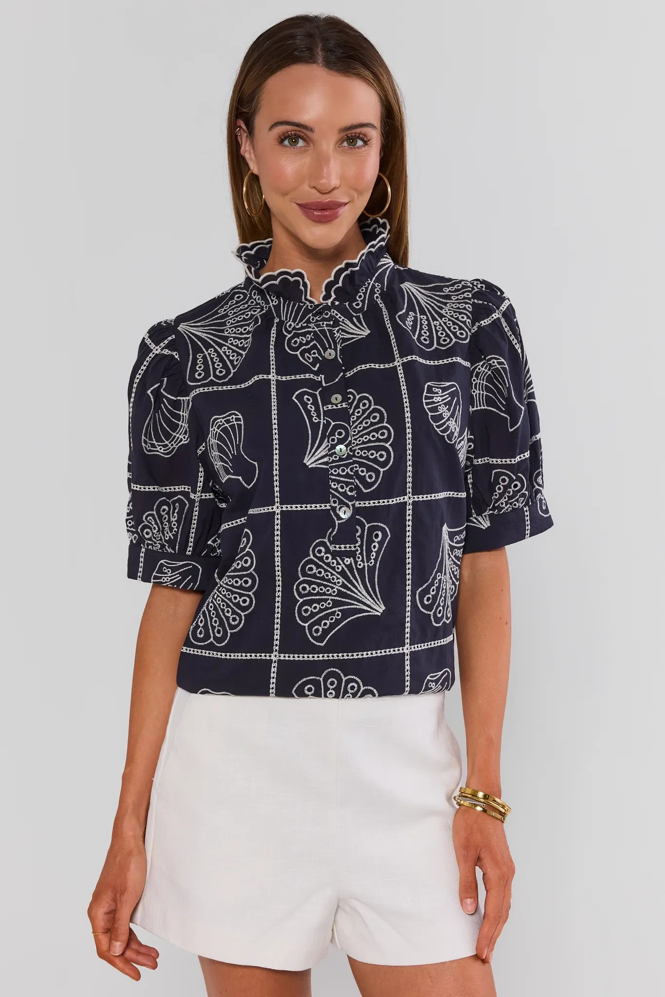 Navy Seashell Embroidered Top | Avara