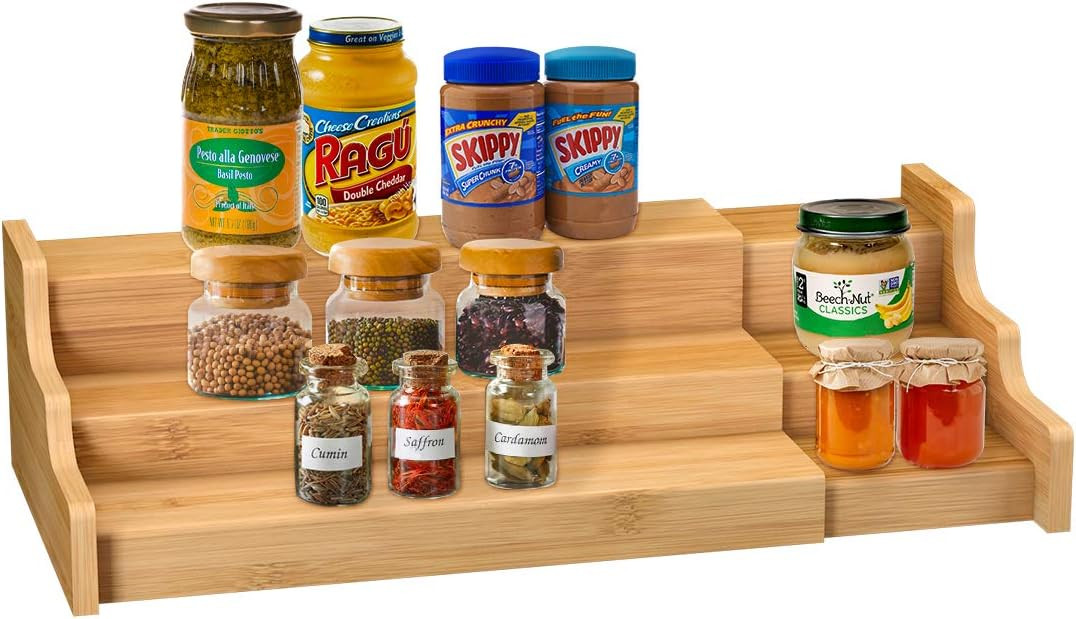 Spice Rack Kitchen Cabinet Organizer- 3 Tier Bamboo Expandable Display Shelf Yellow | Amazon (US)