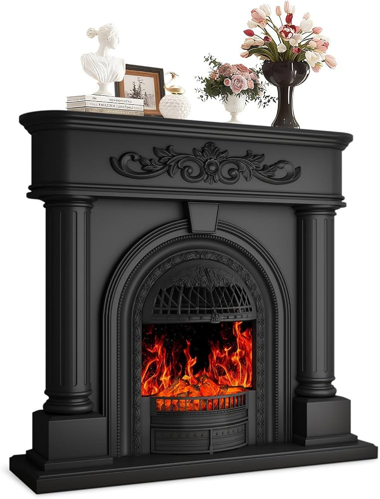 50\u201d Tall Black Solid Wood Electric Fireplace with Mantel, Roman Column TV Stand with Arched ... | Amazon (US)