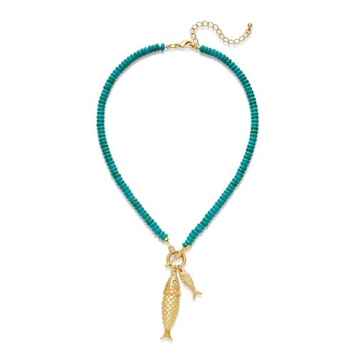 Gold Fish Necklace For Women Blued Beaded Strand Toggle Necklace With Gold Fish Pendants Dainty S... | Amazon (US)