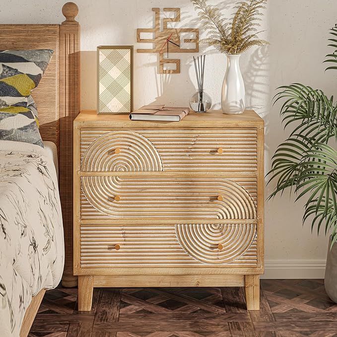 3-Drawer Farmhouse Dresser with Handicraft Wood Ring Motif, Fully Assembled Nightstand Wooden Fin... | Amazon (US)