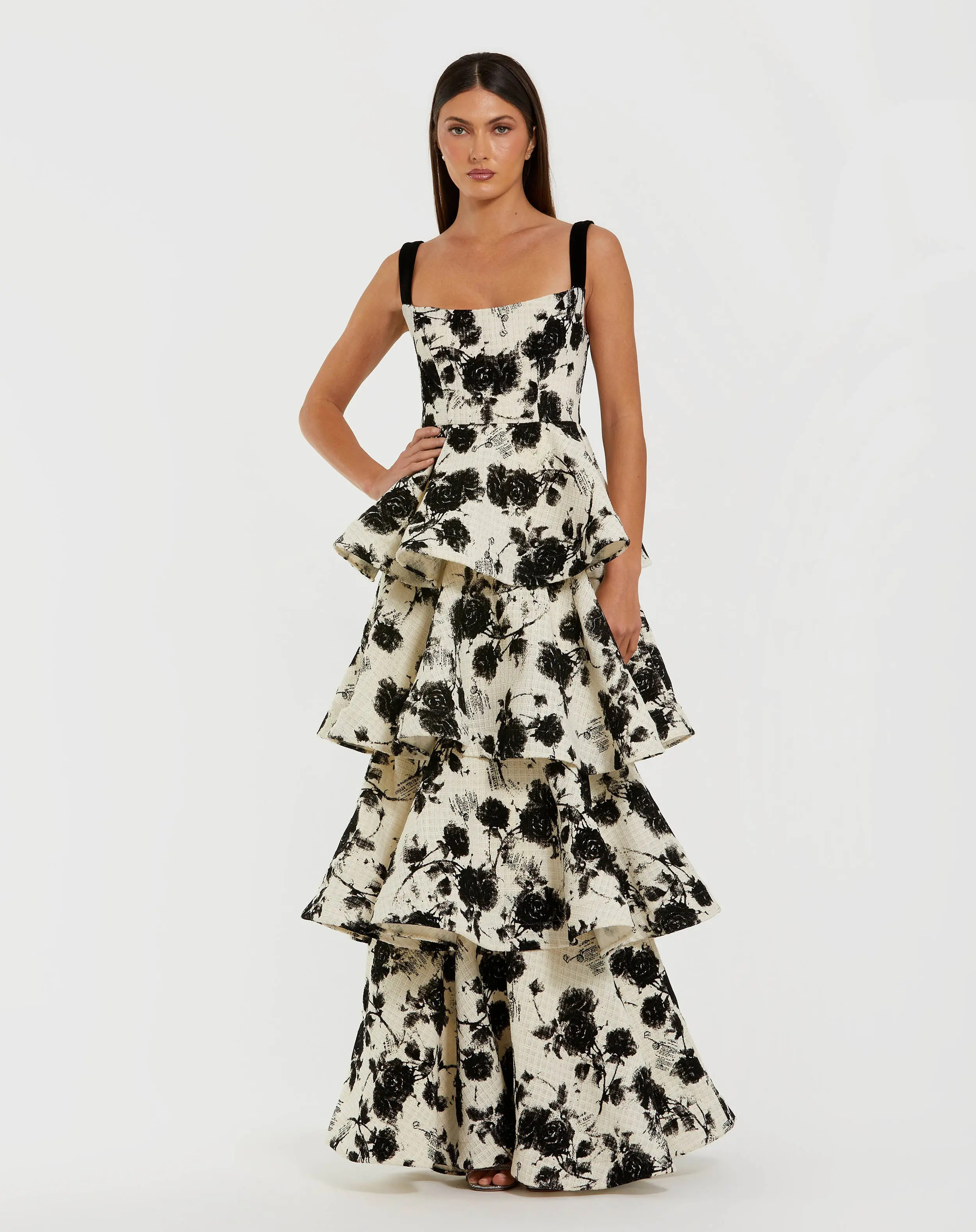 Black and White Floral Boucle Tiered Ruffle Gown | Mac Duggal | Mac Duggal