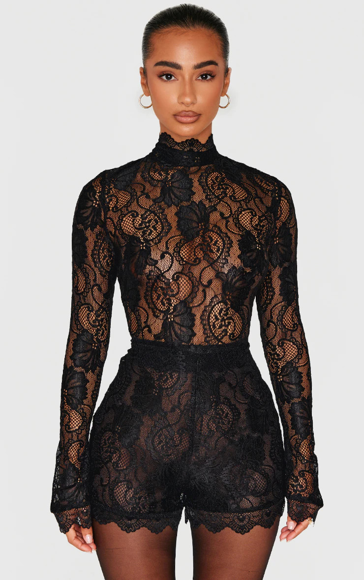 Petite Black Lace Long Sleeve Fitted Playsuit | PrettyLittleThing UK