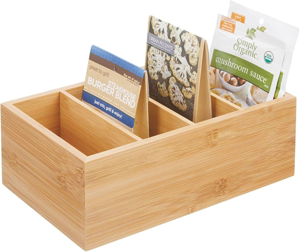 mDesign Bamboo Wood Compact Food Storage Organizer Bin Box - 4 Divided Sections - Holder for Seas... | Amazon (US)