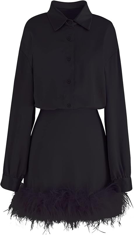 Amazon.com: CHICWISH Women's Black Ethereal Feather Trimming Turn Down Collar Long Sleeve Satin D... | Amazon (US)