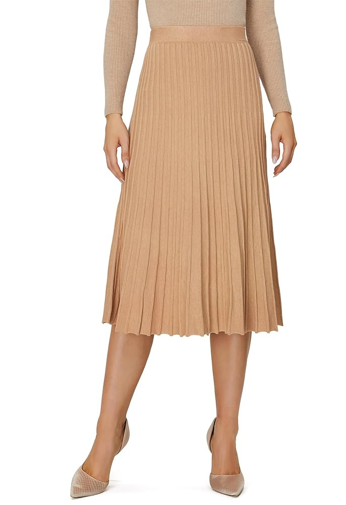 Women's Knit Maxi Pleated Skirts, High Waist Elastic A Line Long Skirt for Fall Winter | Amazon (US)