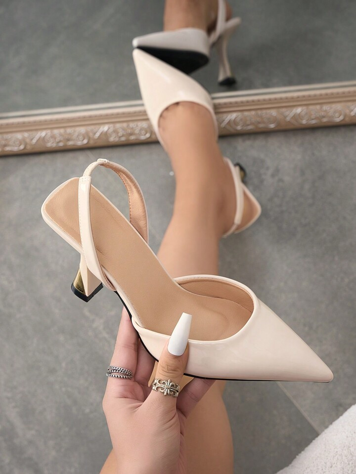 Women's Solid Color Pointed Toe Backstrap High Heels, Fashion Minimalist Mule Shoes, Elegant & Comfortable For Commute, Party, Formal Occasions, Suitable For Autumn/Winter, Beige Color | SHEIN