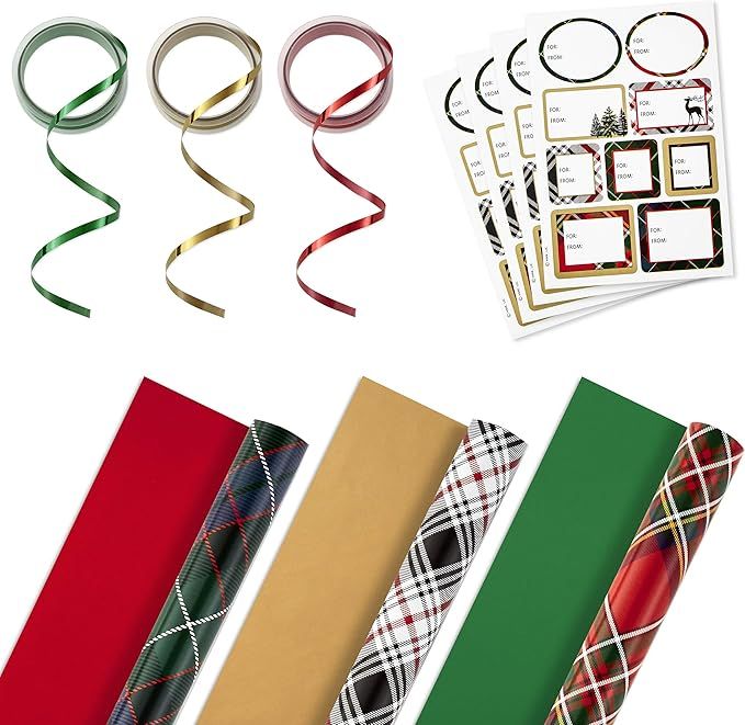 Hallmark Reversible Christmas Wrapping Paper Set with Ribbon and Gift Tag Stickers (Green, Red, B... | Amazon (US)