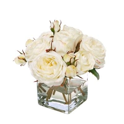 Faux White Roses Arrangement in Glass Vase | Williams-Sonoma