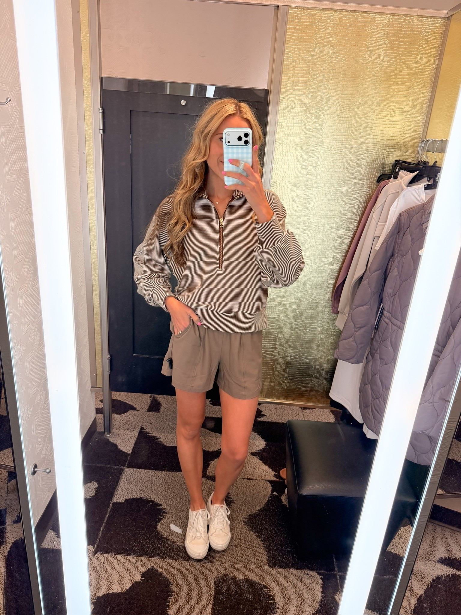 This Varley striped quarter zip pullover paired with taupe stone shorts and white sneakers is the perfect easy fall casual look ladies — such a good nsale grab at a great price

Wearing a true to size small in both, 5’9” for reference