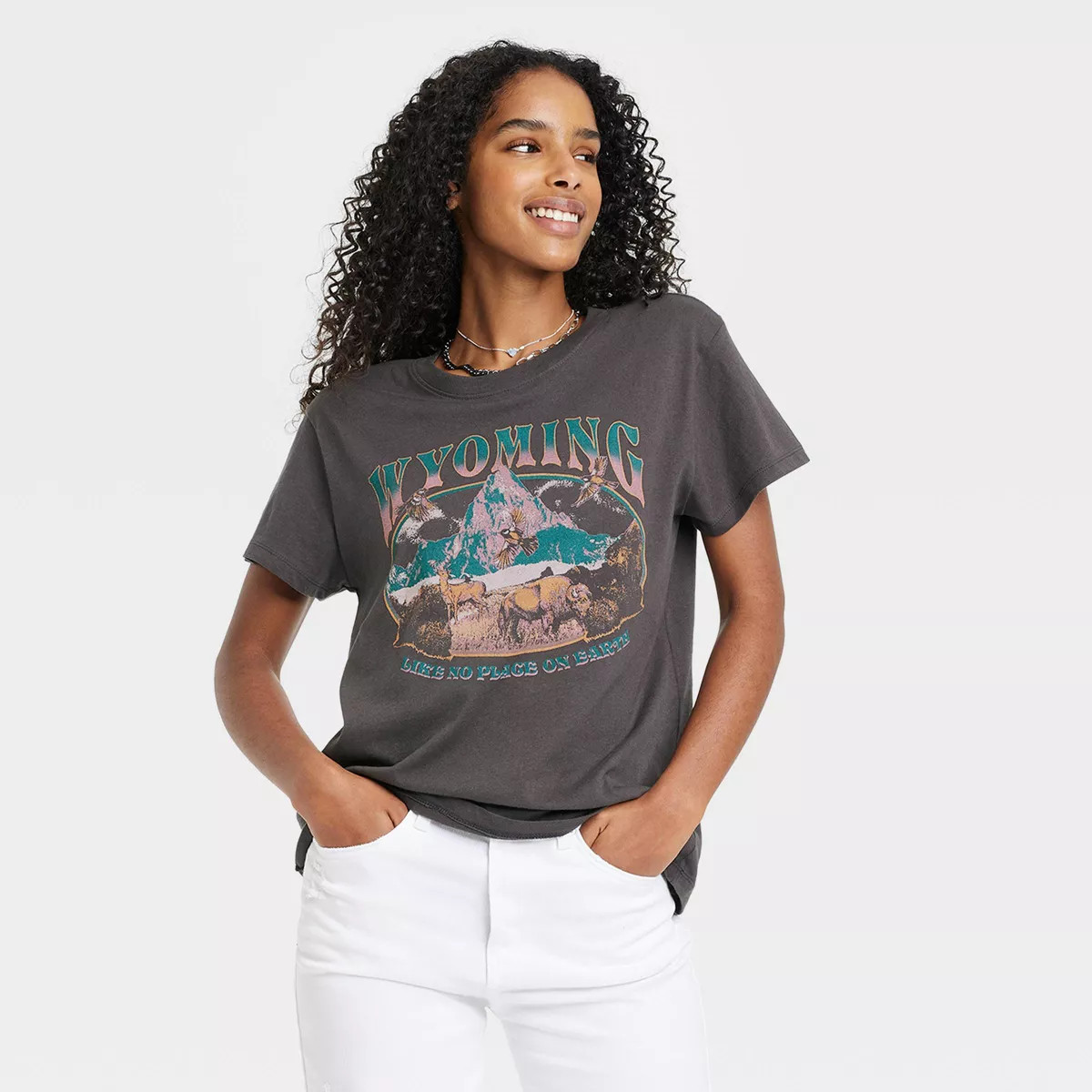 Women's Wyoming Short Sleeve Graphic T-Shirt - Charcoal Gray | Target