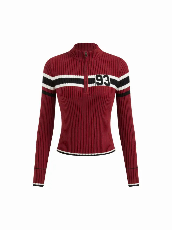 Knit Fabric 93 Knit High Neck Half Zip Contrasting Binding Top For Daily Casual | Cider
