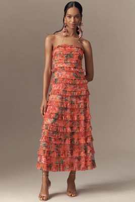 Mac Duggal Strapless Tiered Ruffled A-Line Midi Dress | Anthropologie (US)