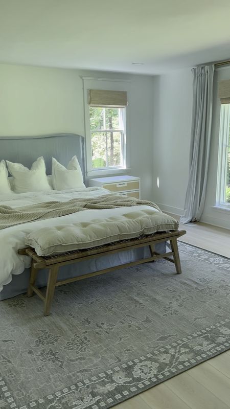 Obsessed with our new rope end of bed bench! 

Coastal bedroom furniture and decor | Blue bed | Scalloped bedding | Striped curtains | Taupe rug | Rattan nightstands 



#LTKhome #LTKSeasonal #LTKstyletip
