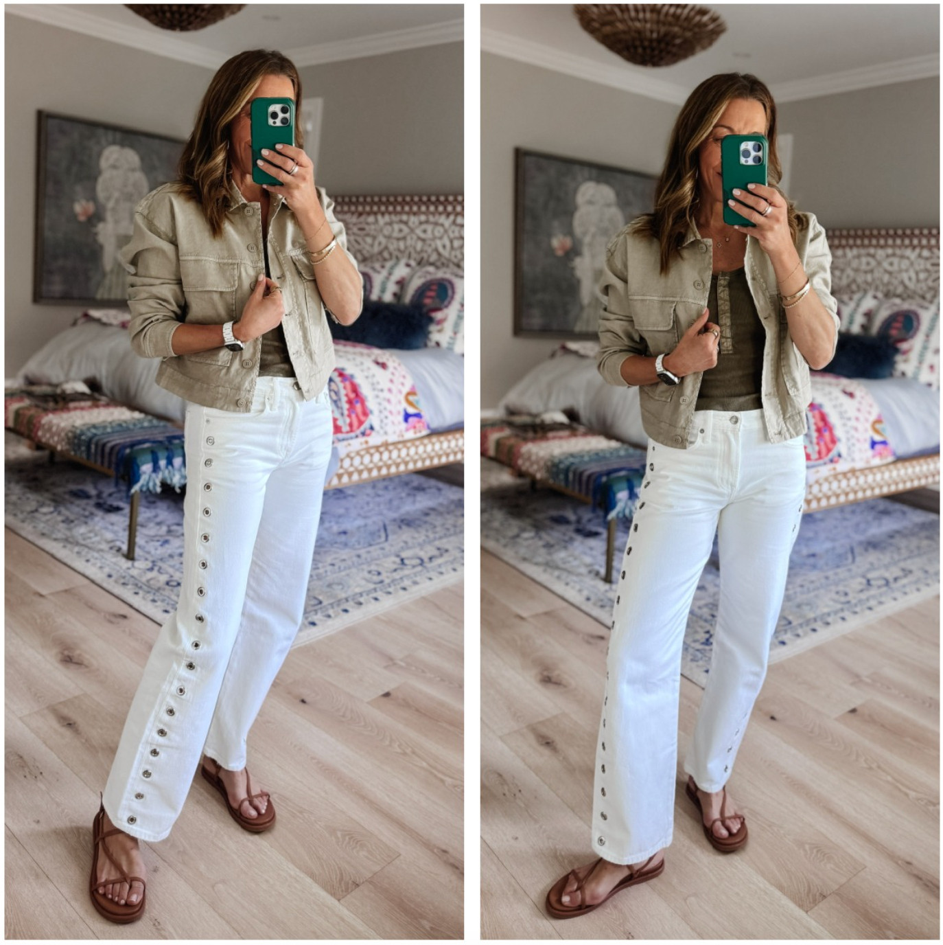 White jeans, but make them fun! The grommet detail down the side gives these a little edge while still keeping the whole look polished and easy to wear. Add a lightweight jacket and sandals and you’ve got a great spring outfit formula.  

 #LTKootd #LTKmomlife #LTKSeasonal