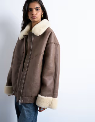 Topshop vintage washed faux shearling oversized bomber jacket in brown | ASOS (Global)
