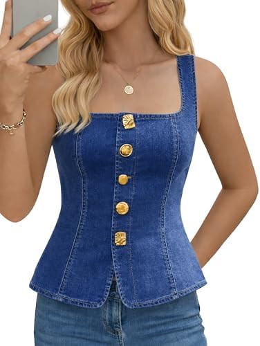 POTILI Jean Vest Top for Women Sleeveless Stretch Square Neck Denim Tank Top for Summer Trendy | Amazon (US)