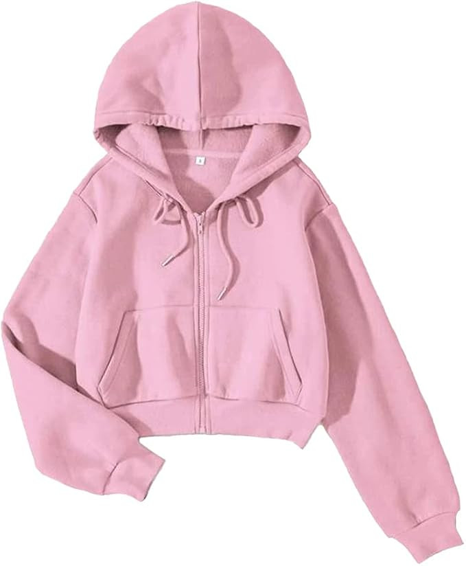 LOFAAC Women Fleece Full Zip Up Cropped Hoodie Sweatshirt 90s Long Sleeve Drawstring Hooded Crop ... | Amazon (US)